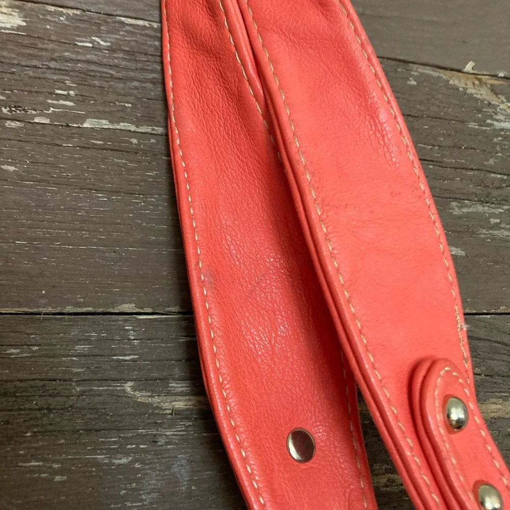 Coral & camel/tan, gold studded, purse. - Picture 12 of 14